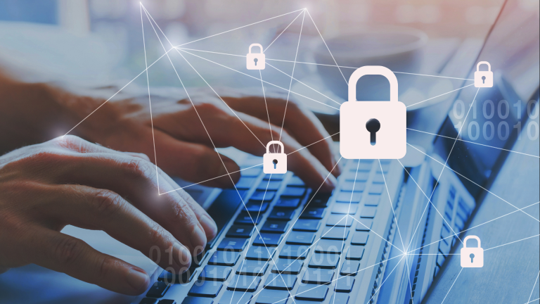 Laptop with network security graphic