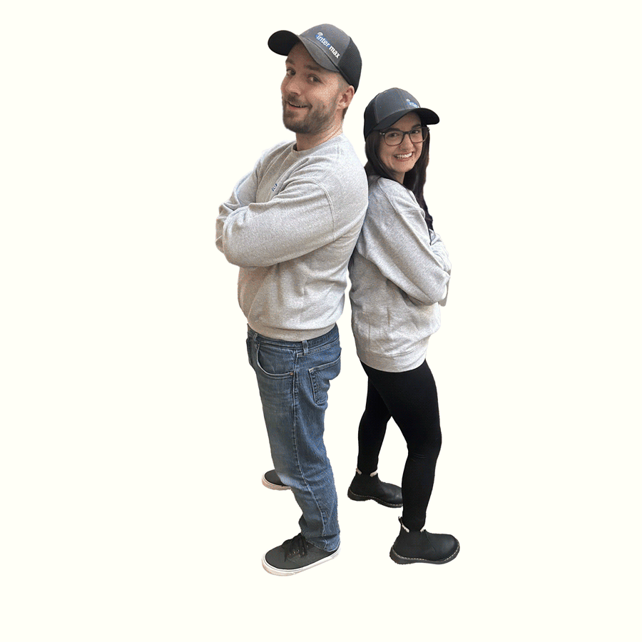 Man and woman wearing Intermax hats stand on animated internet icon blinking