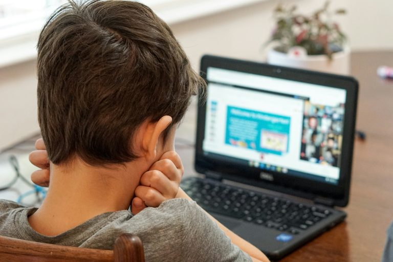 Boy looks at computer screen with hands in face looking bored and agitated