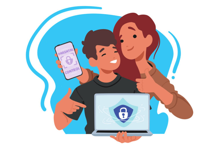 Illustrated parent and child with parental controls on phone and laptop.