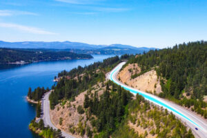 Aerial view of Coeur d'Alene Lake and Highway.
