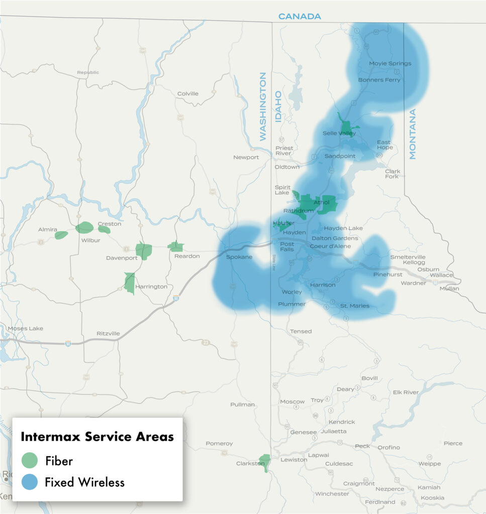 Map of Intermax Fiber and Fixed Wireless internet service areas.