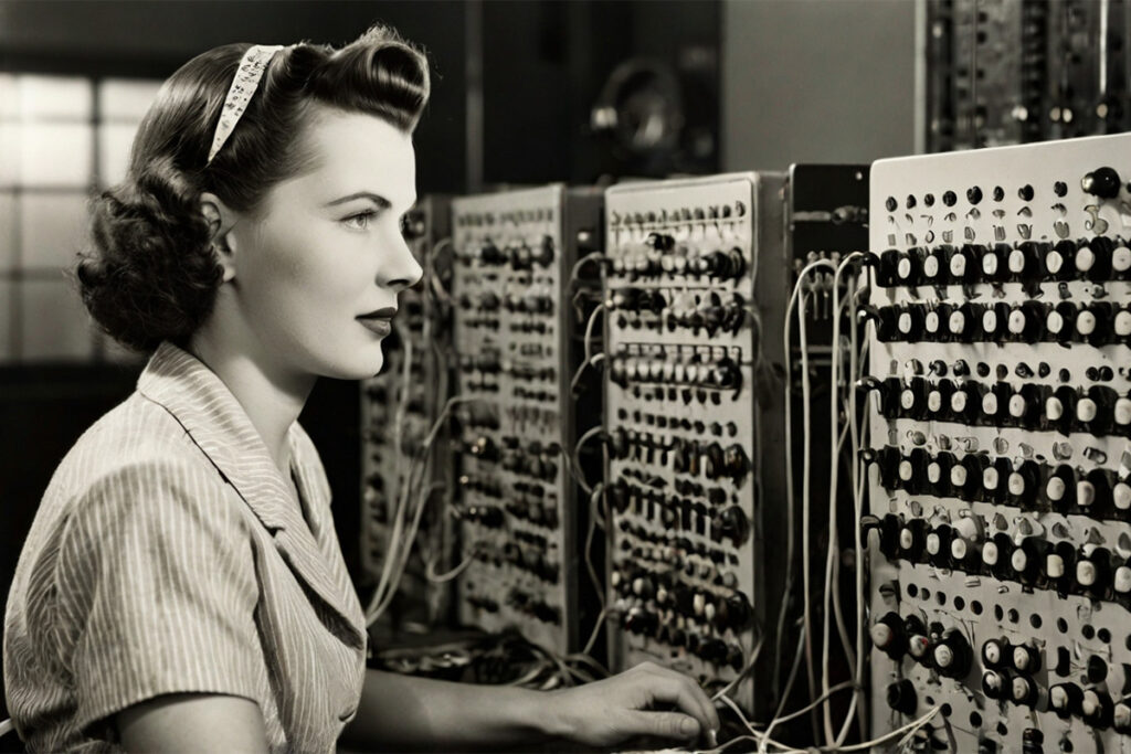 Black and white image of a woman at a vintage switchboard.