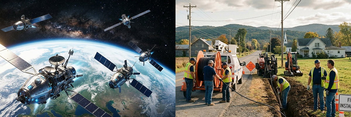 Split image of satellites in space and a fiber team in a small town.