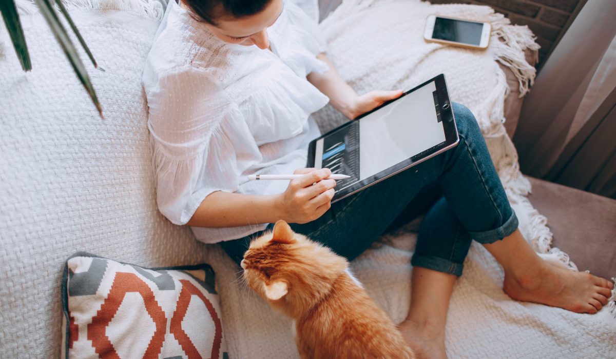 Woman sits on couch with cat drawing on wireless tablet