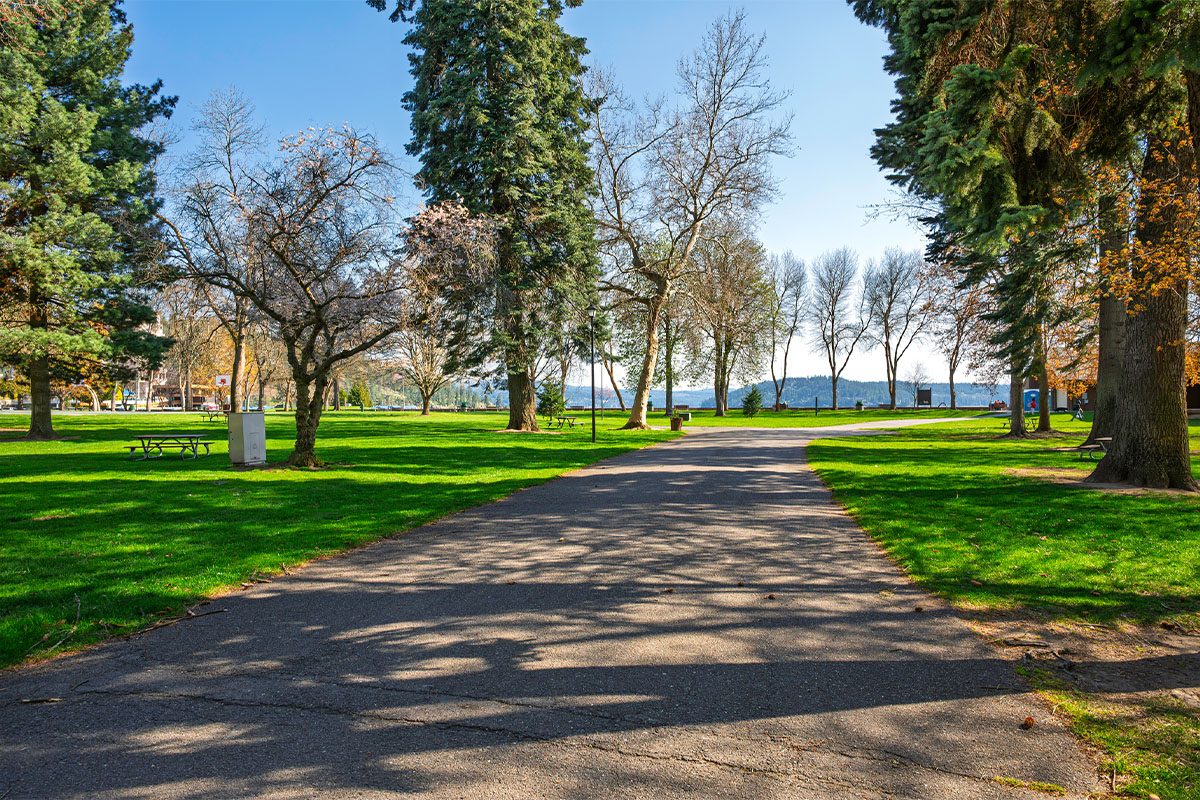 View of Lake Coeur d'Alene from the city park and Fort Grounds in downtown Coeur d'Alene, Idaho.
