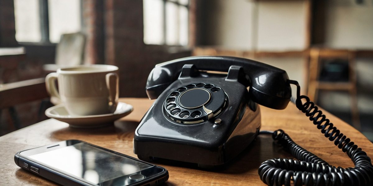 An old rotary phone and a smartphone on a wood table with a cup of coffee.