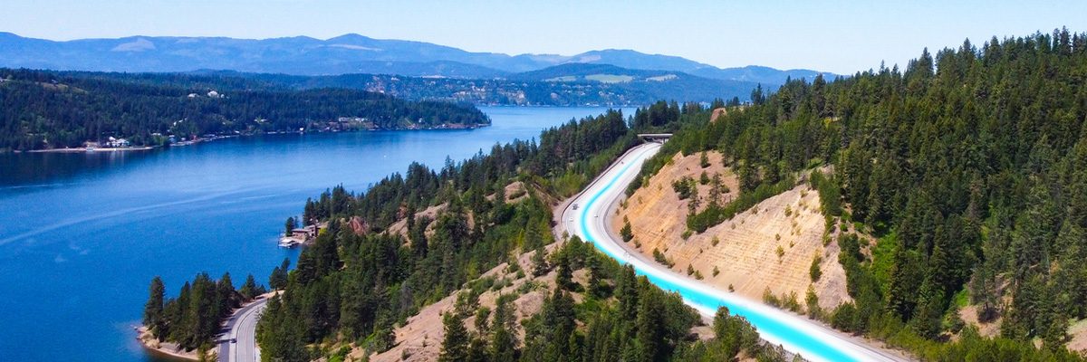 Aerial view of Coeur d'Alene Lake and Highway.