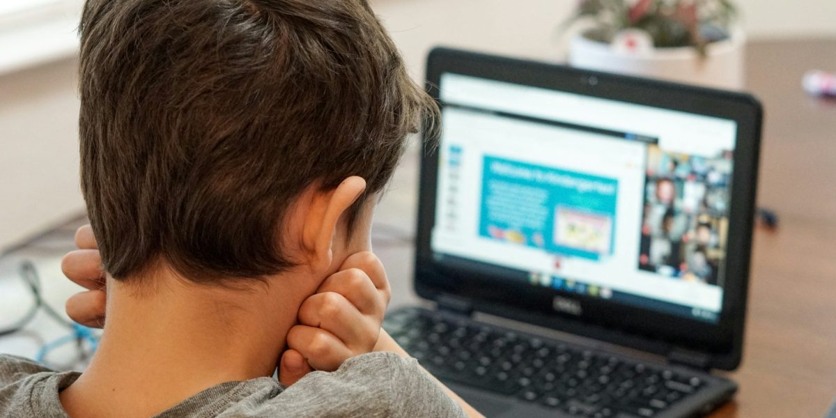 Boy looks at computer screen with hands in face looking bored and agitated